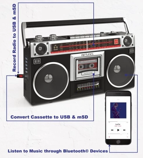 RIPTUNES Retro Radio Cassette Stereo Boombox AM/FM SW1/SW2 Bluetooth USB microSD - Image 3 of 4