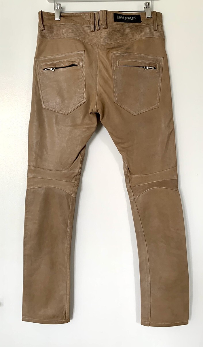 Balmain beige leather men moto pants 46 IT US 32