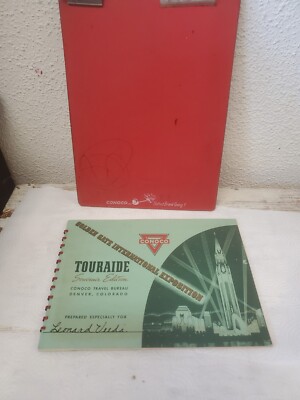 Vinyl Clipboard & Souvenir Touraide 1940 Maps  Conoco Gas Station Oil 