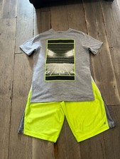 Xersion neon yellow green and gray shorts with football shirt outfit set boys L
