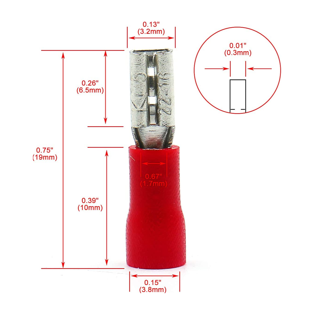 25-Pack Female Quick Disconnect Terminals - .110" Vinyl Insulated 22-18 AWG (Red)