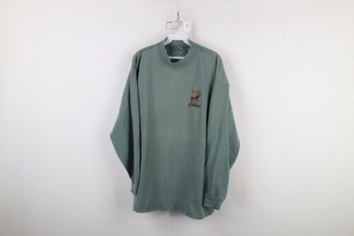 Vtg 90s Cabelas Mens XL Distressed Spell Out Elk Mock Neck Long Sleeve T-Shirt
