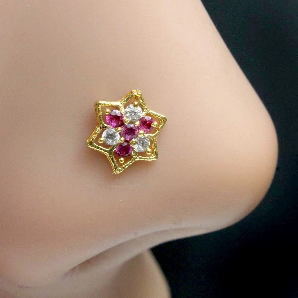 Cute Star Indian Style Nose ring Pink White CZ corkscrew nose ring