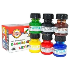 SET OF 6 KOH-I-NOOR ARTIST DRAWING INKS 20g DIP PEN OR BRUSH INC RED BLACK BROWN