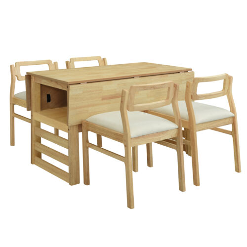 5Pieces 47.2"Extendable Square Dining Table Set Two Drop Leaves 4 Chairs Natural - Picture 5 of 20