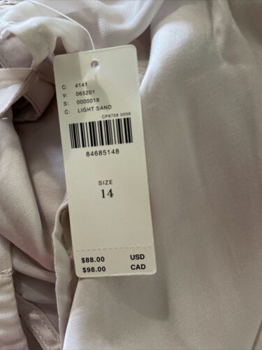 By Anthropologie Flutter Sleeve Satin Sheath Dress Size 14 in Sand Semi Sheer - Picture 11 of 13