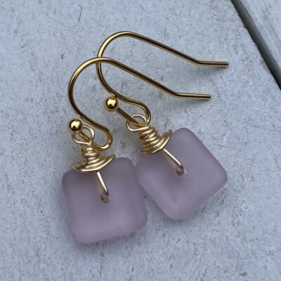 Min Favorit Blossom Pink Sea Glass Square & Gold Pl Artisan Earrings Petite!