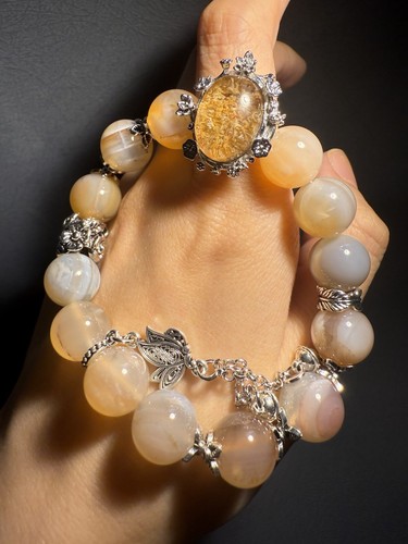12.3mm 44g Natural Sugar Alashan Agate/Top grade Phantom Quartz Charm Bracelet