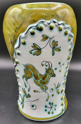 Vnt Hand-painted Green Floral Design Deer Vase Ceramic Italy
