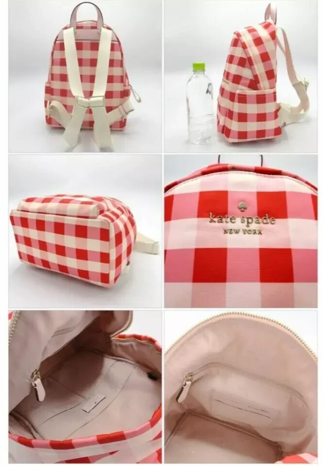 Kate Spade Chelsea Gingham Pink Red Medium Nylon Backpack  display picture 3