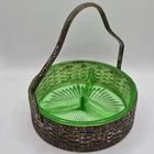 VTG Uranium Green Divided Glass Candy Nut Relish Dish Glows Brass Basket Handle