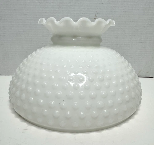 Vintage Hurricane Lamp Shade Hobnail Crimped Top Milk Glass Opaque White 10"