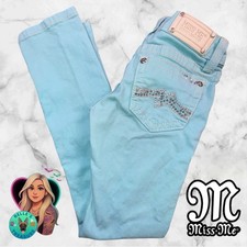 Miss Me Jeans Womens 25 Aqua Blue Cuff Skinny Rhinestone Shimmer 25x29 Y2K Bling
