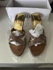 Women Kitten Heel Sparkly Gold Sandals Size 5 GC In Box Party Wedding Shoes