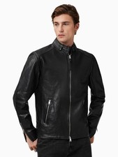 Genuine Leather Handmade Racer Jacket Men Black Slim Fit Band Collar Moto Coat