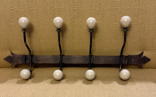 VTG Iron Wall Mounted Coat & Hat Rack 5 Double Grey Ceramic Ball Finial Hooks