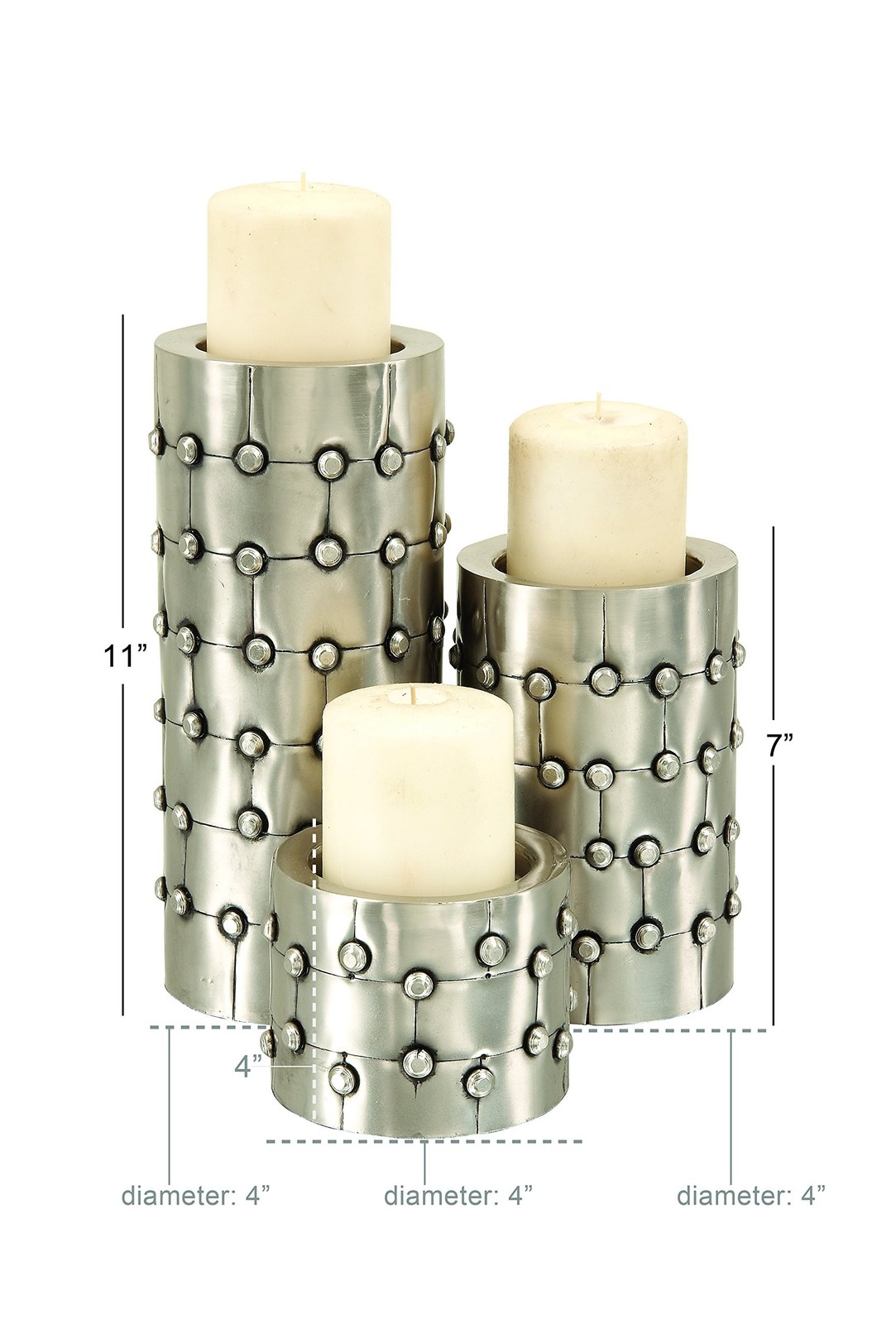 Deco 79 Metal Handmade Pillar Candle Holder with Studs, Set of 3 4", 11", 7"H...