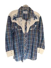 Vtg H Bar C Western Shirt Med Blue Plaid Pearl Snap Embroidered Lt Wt Ranchwear