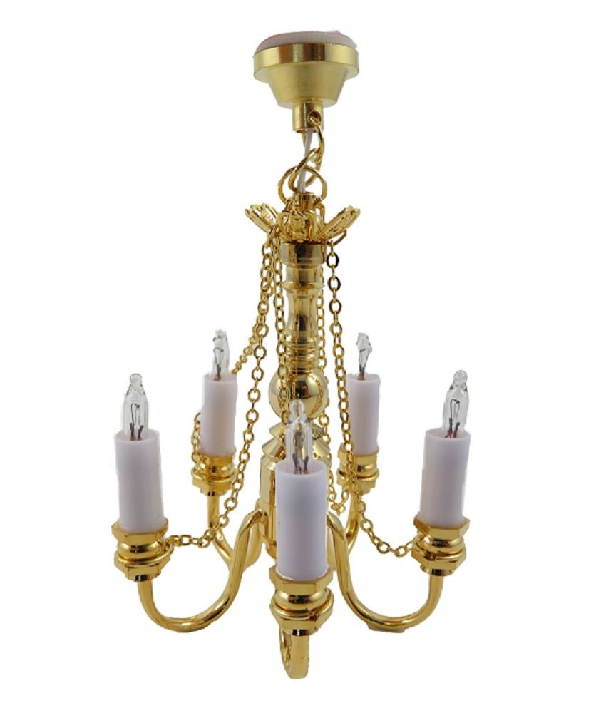 Dolls House Gold 5 Arm Candle Chandelier Brass 12V Electric Ceiling Light 1:12
