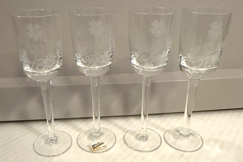 Import Associates Romanian Floral Etched Crystal Sherry Glasses Set of 4  6" Vtg