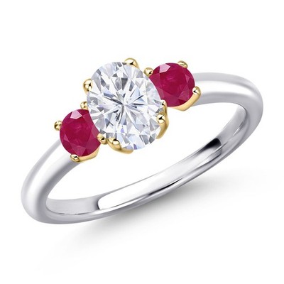 925 Silver and 10K Yellow Gold White Moissanite and Ruby Engagement Ring For