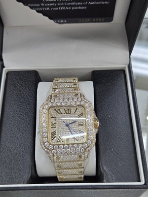 Moissanite Watch, St.Steel Case & Band Full Gold IP Color Buckle,Brand New w/Box