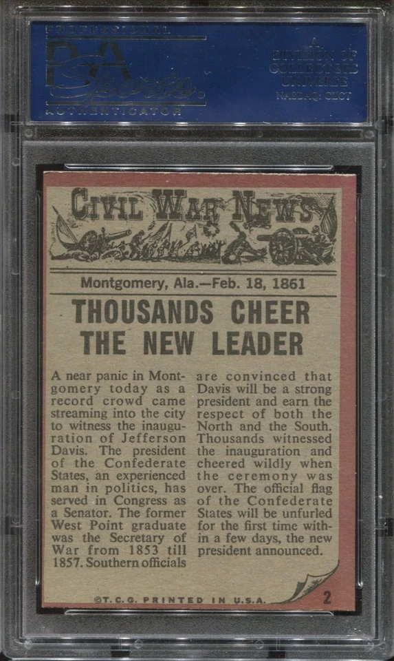 1962 Topps Civil War News #2 Confederate Pres Jefferson Davis PSA 8 (OC) Scarce! - Image 2 of 2