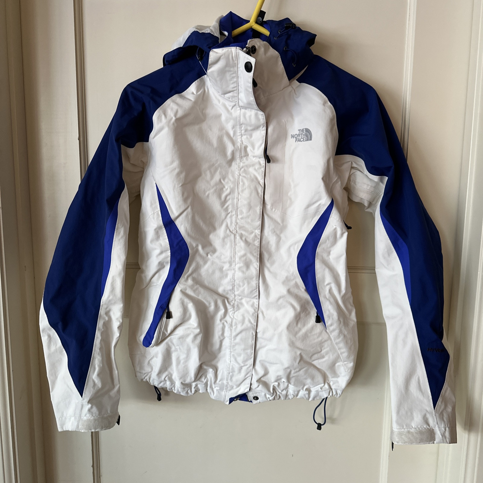 North Face Hyvent Womens Small Blue White Hooded Windbreaker Jacket