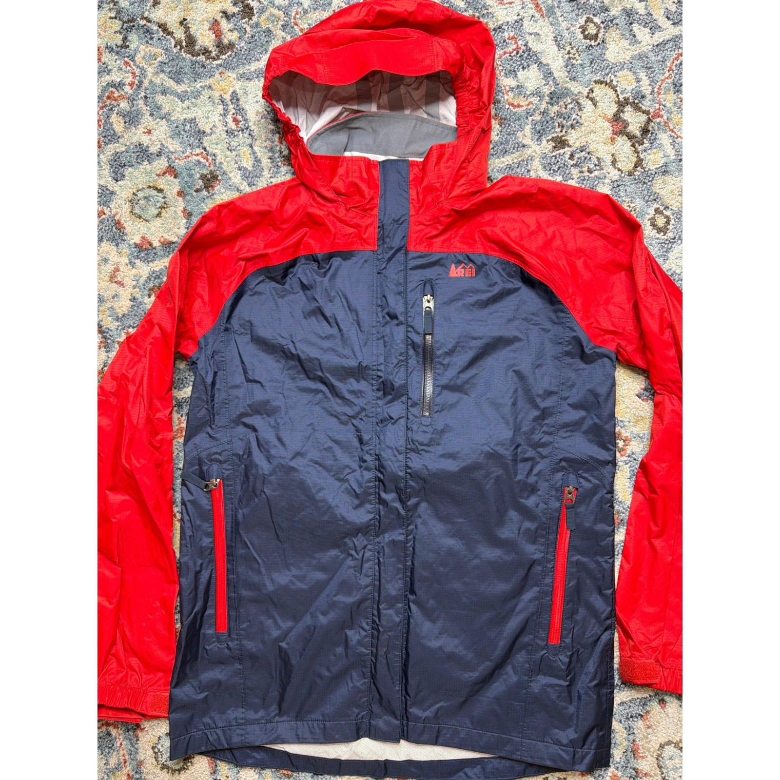 REI Rain Jacket Boys XL 18 Red Navy Blue Waterproof Hooded