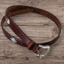 Fossil Brown Leather Western Belt Womens Concho Tooled Buckle Silver Tone