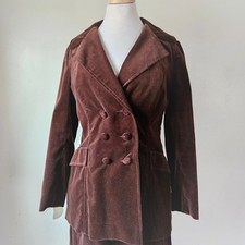 Vintage 70s Velour 2 Piece Mini Skirt Set Suit Chocolate Brown Jacket Disco M/L