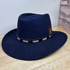 Vintage Stetson 3X Beaver Cowboy Hat Navy Blue Size 7 1/4 Feather Western w Box