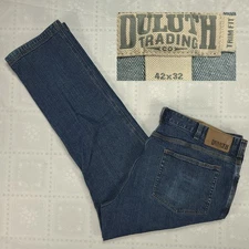 Duluth Trading Co Mens Flex Ballroom Jeans Size 42x32 Trim Fit Denim Blue #o18