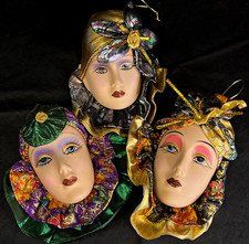 3 VTG Mardi Gras Porcelain Ceramic Painted Wall Hanging Face Masks Woman Girls
