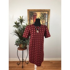 Loft Women Small Scroll Floral Jacquard Shift Mini Dress Black Red Crew Neck 