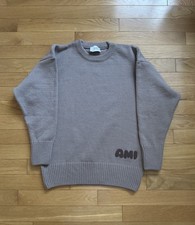 AMI Paris Alexandre Mattiussi Bubble Logo Crewneck Knit Sweater Taupe Size M