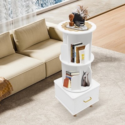 360° Rotating Bookcase 3-tier Storage Rack with 1*Drawer Space-saving Bookshelf