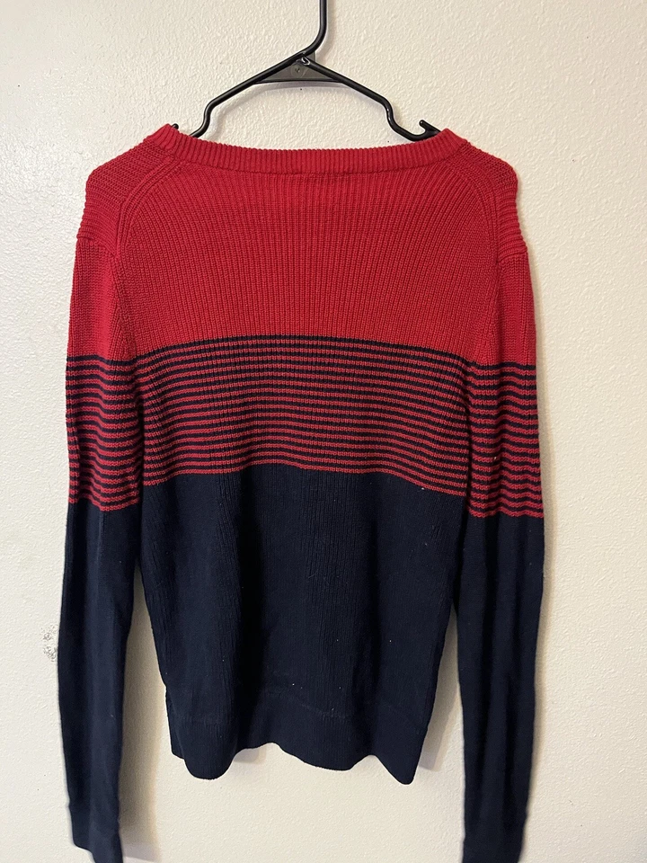 Express Sweater Men's M CrewNeck Heavy Long Sleeve Red Navy Striped - Image 3 of 4