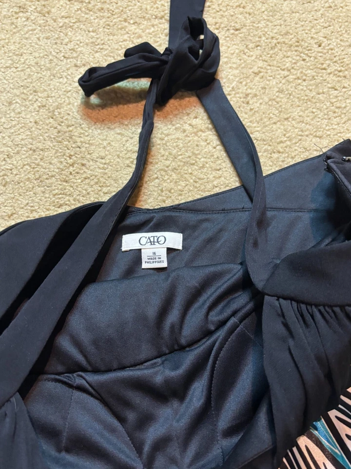 Cato Black Bustier Halter Satin Scarf-Hem Fit & Flare Midi Cocktail Dress 16 - Image 4 of 4