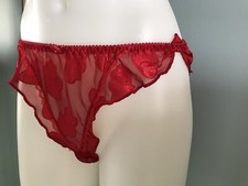 Sissy String Bikini Panties Vintage Red Silky Satin Sheer Frilly Lace Sz Large