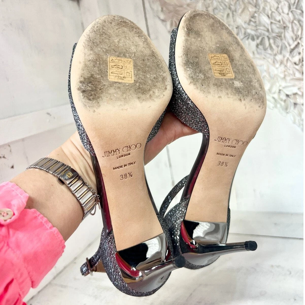 Jimmy Choo Metallic 90 Ankle Strap Stilettos Heel Sandals Silver Women ...