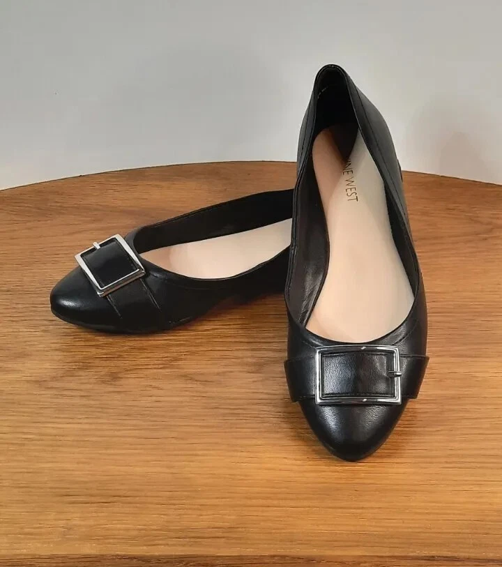 Black flats with silver buckle deals