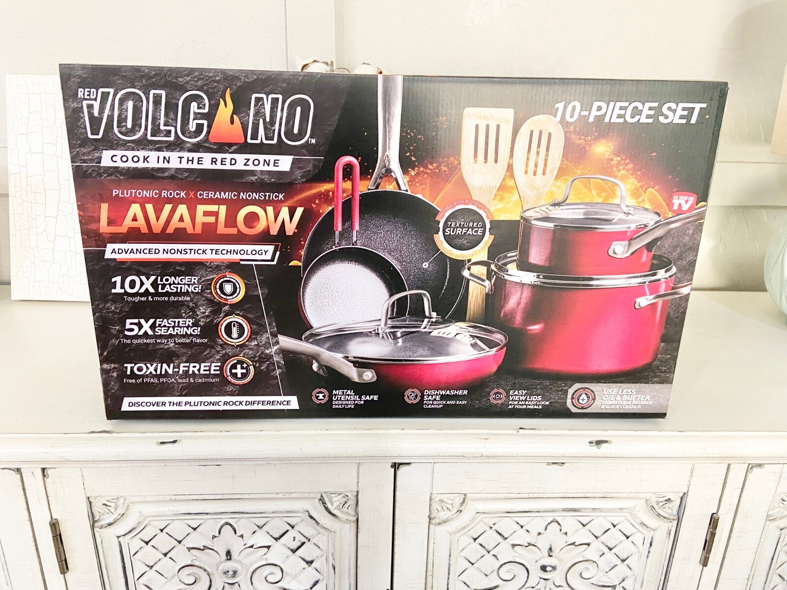 Red Volcano Textured Healthy Ceramic Nonstick Cookware Pots and Pans 10 pc Set eBay