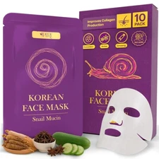 Korean Face Mask - 10ct Snail Mucin Hydrating Face Masks Anti Wrinkle Anti Aging
