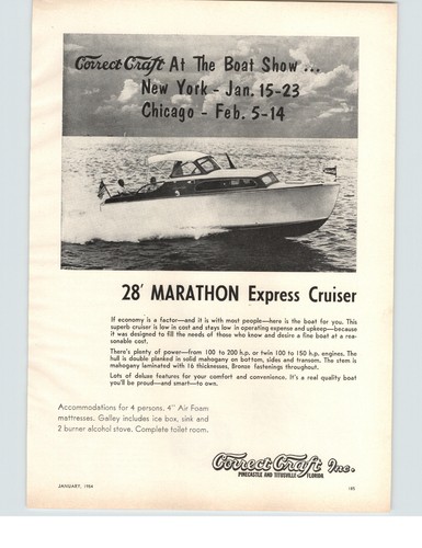 1954 PAPER AD Correct Craft 28' Marathon Express Cruiser Motorboat Boat