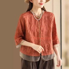 Womens Chinese Buckle Embroidered Shirt Organza Floral Shirt Summer Tops Blouse