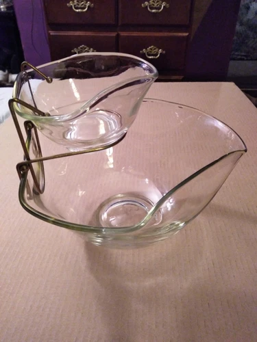 Vintage Anchor Hocking Clear Glass Chip and Dip Bowl Set With Stand
