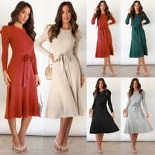 Women Long Sleeve Midi Dress Crewneck Tie Waist A-Line Swing Knit Sweater Dress