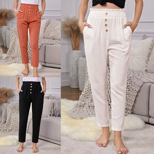 Women Elastic Waist Cotton Linen 