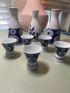 Vintage Japanese Blue and White Porcelain Sake Set - Eight Pieces Japan